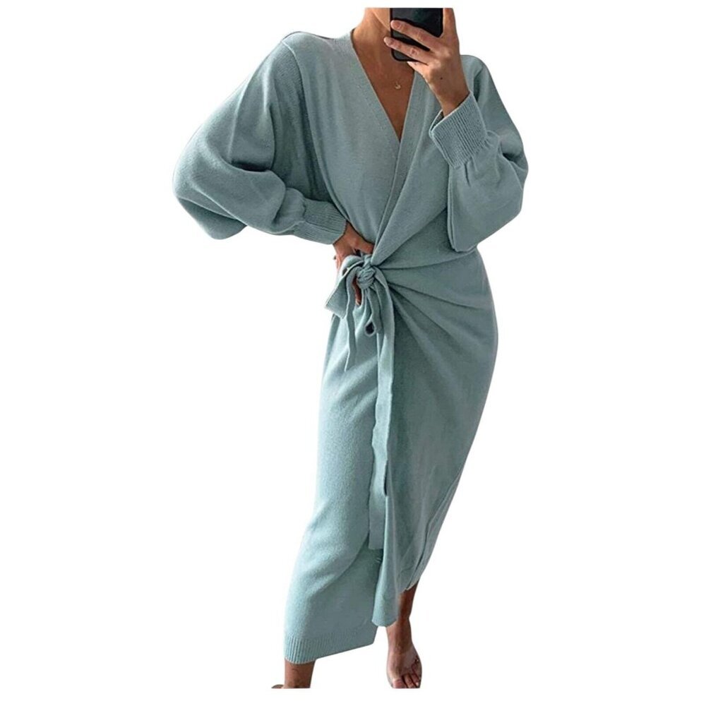 Elegant Wrap Knit Dress in Light Blue